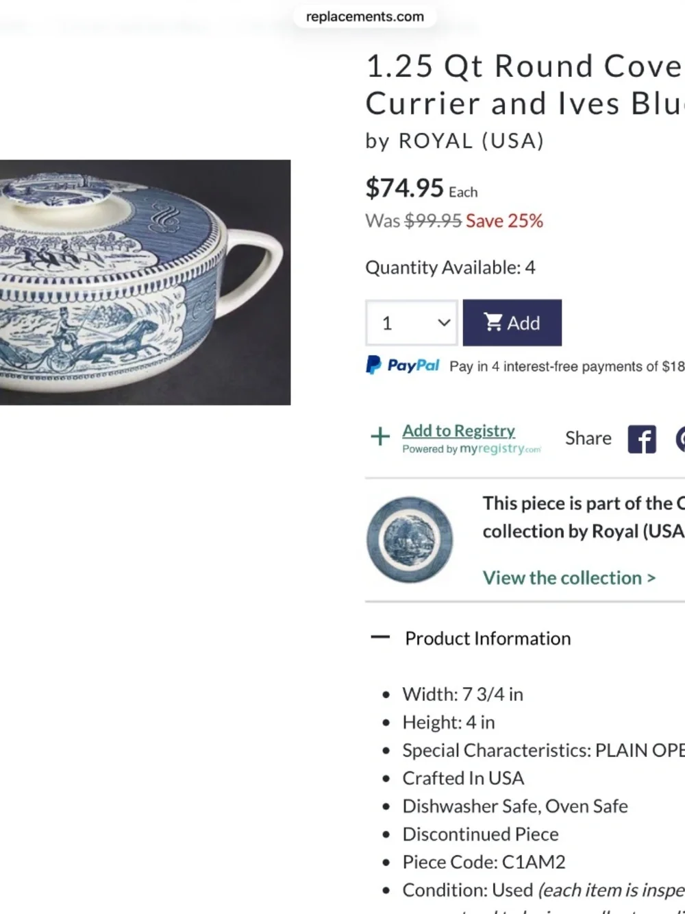 Vintage Royal Currier & Ives Blue Ironstone Scene Ctr 1.25 QT Covered Casserole